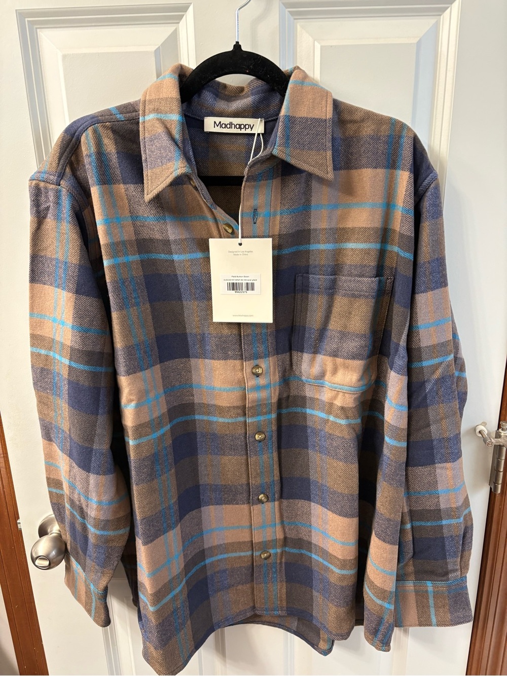 New! Madhappy Men's Blue and Tan Plaid Flannet